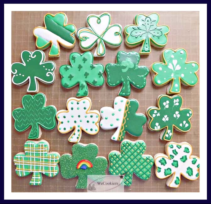 This shows one shamrock cookie cutter designed in 15 different ways...all are decorated using the wet-on-wet technique.