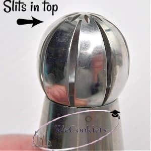 The image shows a Russian ball piping tip for buttercream flowers.