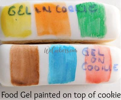 Results of painting colors with a food gel mixture for a palette. Look at all the other method results, and a video! Image showing the result of painting the gel and vodka right on the cookie for a PYO cookie palette