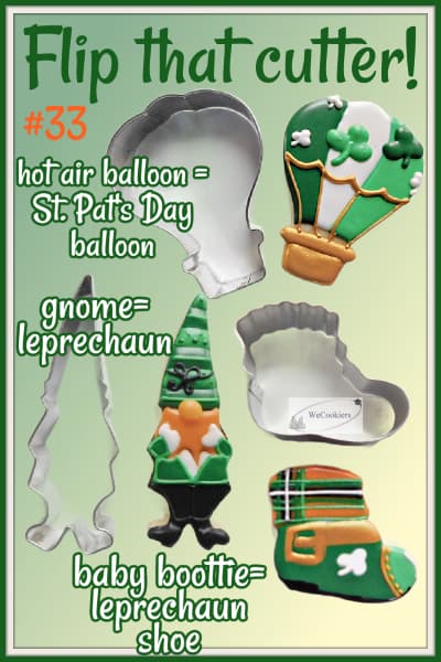 These Saint Patrick's Day cookies are cookie-cutter flips with royal icing. Money-saving and easy designs! More flips @ https://www.wecookiers.com/cookie-cutter-flips.html