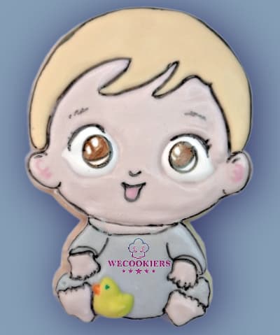 A sweet baby boy cookie cutter playing with a rubber duckie, which is a royal icing transfer from a template from Shop Gotta-Havs!