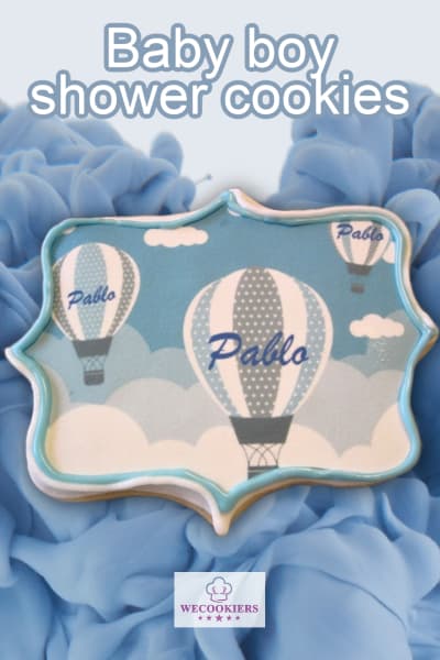 Edible images save eons of time. This sweet cookie is carried through with the hot air balloon, teddy bears, and rainbow theme. See an abundant of cookie ideas: Edible image of a hot air balloon for a baby boy shower cookie set.