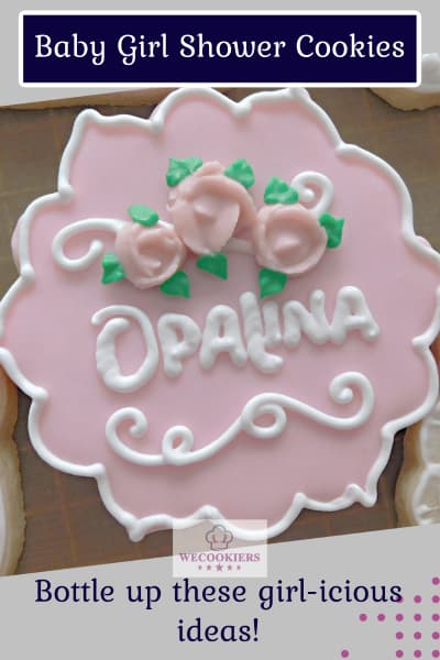 I love adding names to baby cookies. Customers love it and have grown to expect it. See more inspiration: https://www.wecookiers.com/baby-girl-shower-cookies.html Baby Girl Name Cookie, Opalina