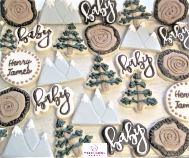 This mountain-themed baby boy cookie set consisted of 5 cookie cutters. Want to see more sets, techniques, popular cutters, and baby boy RI template sheets? This image is of a mountain theme for a baby boy shower. It includes 5 shapes.