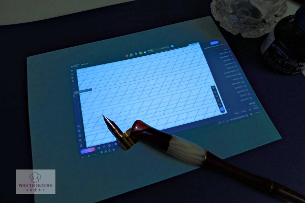 Time-saver! Use the Pico + to keep the right slant without erasing all those lines. This image was taken at night. This image shows the brightness and clarity of the Pico + projector in use at night. You can see how I used it to project the slanted lines instead of drawing them.
