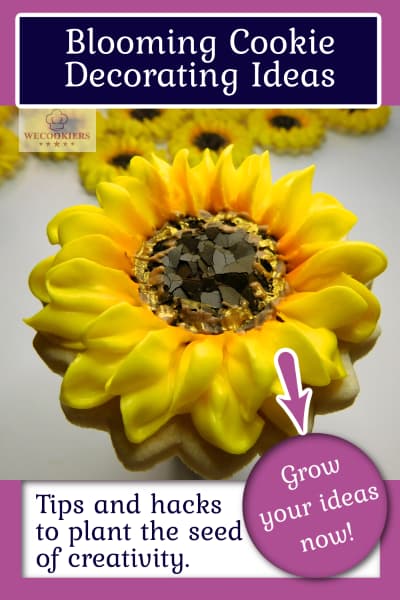 Sugar cookie decorating ideas, the Sunflower cookie made with a 104 petal tip, crinkling, gold luster, and airbrushing.