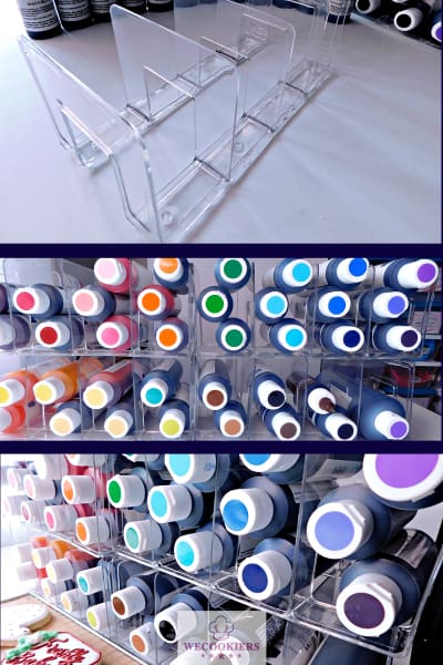 I found a new way to store my 4-oz food color gel bottles. Now I can grab and go instead of knocking over bottles and reading labels! Read more: https://www.wecookiers.com/royal-icing-tips.html Food gel organizer for royal icing