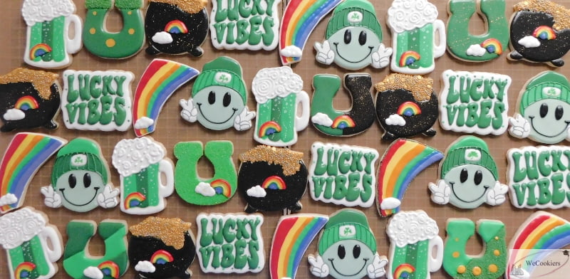 This image shows an array of many designs of Saint Patrick's Day cookies.