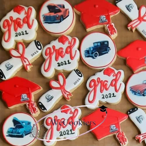 I love using edible images for school mascots and telling more of a story on the cookie sets for graduation. The old cars are also edible images. The image is a set of graduation sugar cookies for a college. The old cars and the mascots on the diplomas and caps are edible images.