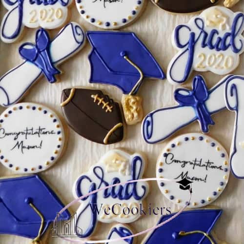 This grad cookie theme includes an airbrushed football. Lettering is made precise and easy with a projector. This sporty graduation sugar cookies theme includes an airbrushed football. The lettering is accomplished with a cookie projector.