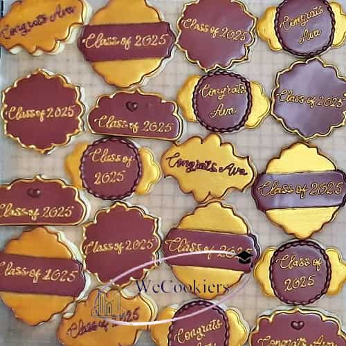 Airbrushing with gold makes cookies extremely beautiful. It makes an 'eh' cookie agreeably professional. This photo shows graduation sugar cookies with a lot of gold airbrushing in the background. The maroon gives them a nice popping effect.