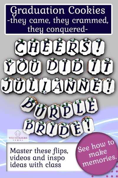 These decorated sugar cookies for graduation make the perfect centerpiece. See video tutorials, inspo, flips, and more: https://www.wecookiers.com/graduation-sugar-cookies.html Graduation Cookies pin for Pinterest