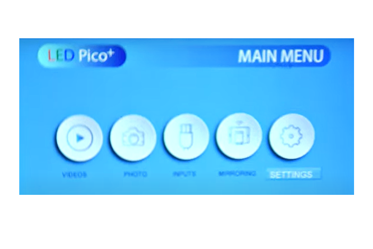 This photo shows what the main menu looks like when you turn on the PICO +. You can navigate by clicking buttons on the front of the projector. I took this photo of the menu from the PICO +