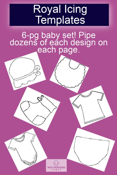Download a 6-page set of royal icing templates for baby clothes. See this page for inspo, popular cutters, techniques, and more Image linking to a 6-page  pdf download of baby royal icing templates. 6 clothing designs.