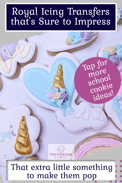 Pinterest pin showing little unicorn horns piped for a sugar cookie using a royal icing transfer.
