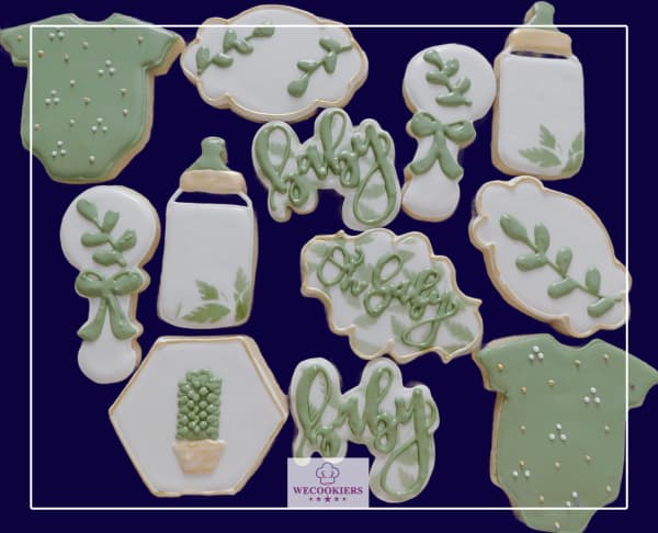Sage is so popular for baby cookies. Soft and sweet, this cookie set with royal icing can be for either gender. More ideas, techniques, popular cutters and RI templates here: This is a simple set of baby shower cookies using the color sage green with white. Sage green leaves were airbrushed on.