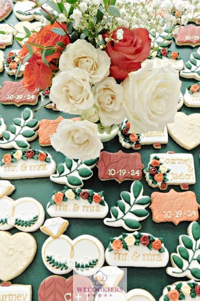 Cookie stenciling techniques using the scraping method on fall wedding cookies.