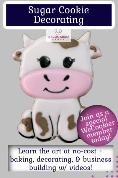 Decorated baby cow cookie that introduces sugar cookie decorating.